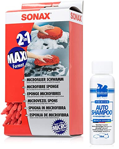 detailmate Autowasch Set Autoshampoo - Konzentat - 100 ml + Sonax 2 in 1 Microfaser Schwamm: Mikrofaser/Chenille