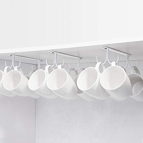 FOMANSH Mug Rack Under Cabinet - Coffee Cup Holder, 12 Mugs Hooks Under Shelf, Display Hanging Cups Drying Hook for Bar Kitchen Utensils White