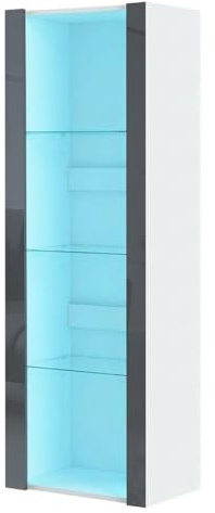Panana LED Tall Display Cabinet with Glass Shelf Modern Sideboard Cupboard Unit for Living Room Bedroom Furniture (White Matt Body & Gray High Gloss Fronts)