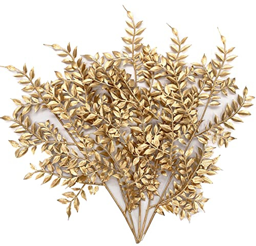 Gold Leaves Decorations for Christmas Artificial Golden Plants Fake Leaf - 17 Inch 5 Pack, Faux Foliage Simulation Flowers Grass Xmas Decor Plant Bushes Indoor Outdoor Wedding Table Centerpiece DIY