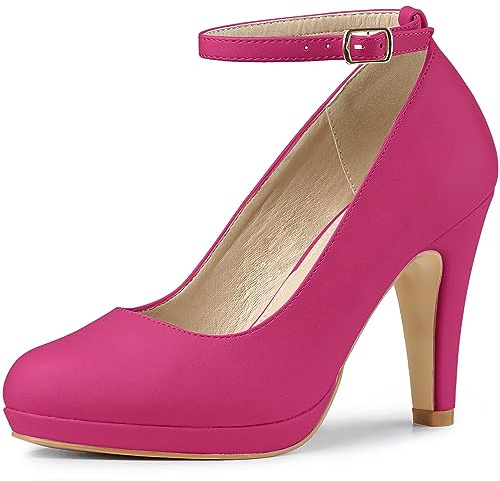 Allegra K Women's Round Toe Stiletto Heel Ankle Strap Court Shoe Hot Pink 5.5 UK/Label Size 8 US