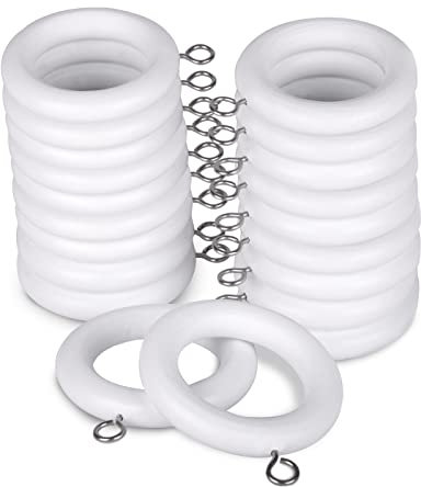 MERCURY TEXTIL- Anillas de Cortina de Madera con Gancho de Acero Inoxidable, Arandelas para Barra de Cortina de Cortina ø 28mm con Ojales. (Blanco, 20)