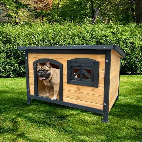 ATAA Caseta de Madera Eco-Responsable para Perros Toby - Negro-Refugio de Madera para Perros, Ideal para el Exterior, jardín y Patio con Ventanas y Techo Amovible