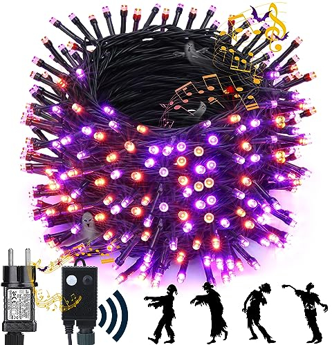 NEXVIN Halloween Deko Outdoor mit Lichterkette und Horror Sound, 20M 200LED Halloween Lichterkette Lila Orange, Memory Funktion & 6 Modi, Wasserdichte für Innen Garten Party