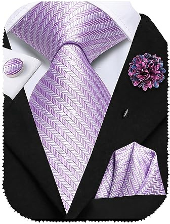 Hi-Tie Silk Men's Tie and Pocket Square Cufflinks Lapel Pin Set Jacquard Wedding Business Necktie for Formal,Lilac Lavender Purple
