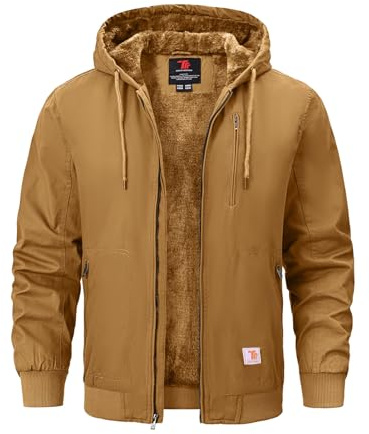 Rdruko Men's Cotton Work Jackets Fleece Lined Insulated Workwear Winter Coat with Hood(Brown Yellow, US XXL)