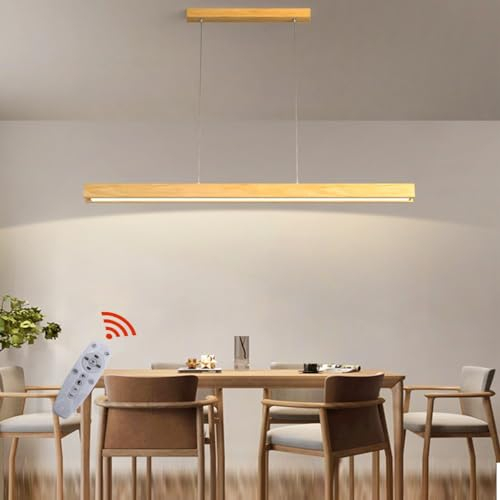 Pendelleuchte Holz Esstisch Esszimmer Lampen LED Hängelampe Dimmbar Hängeleuchte Wohnzimmer Küche Büro Hängend Leuchte Moderne linear Kronleuchter mit Fernbedienung Pendant Lampe (L80cm)
