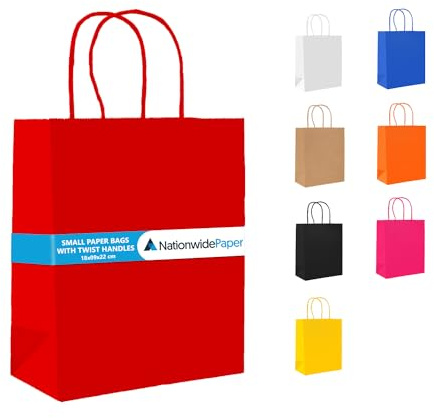 Nationwide Paper 25 Red Small Gift Bags with Twist Handles, Colourful Paper Party Bags for Birthdays, Parties, Weddings, Baby Showers, and Sweets (18x9x22cm)