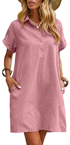 Zeagoo Vestido Verano Manga Corta Mujer Lino Vestido Camisero de Verano Vestido de Playa Casual Rosa M