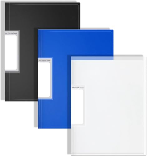 FOSHISY 3Pack A4 Display Book Folder with 60 Pockets, Navy Blue,Clear,Black | A4 Plastic Presentation Pocket Folder with Clear Sleeves, Document File Folders For Portfolio, Office & School