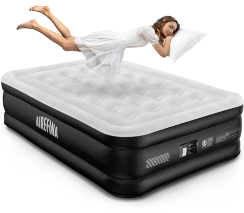 Airefina Colchon Hinchable con Bomba Eléctrica Incorporada, Colchón Hinchable Matrimonio en 3 Minutos, Superficie Acolchada Cama Hinchable, Cama de Aire Portátil para Casa Camping 137 x 190 x 46cm