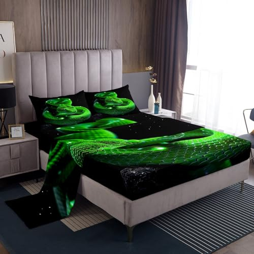 Manfei 3D Snake Kids Sheet Queen Size,Exotic Reptile Animal Bedding Set,Boys Men Room Decor,Green Snake Jungle Wildlife Rustic Nature Green Black Bed Sheet Set 4pcs(Fitted + Flat + 2 Pillowcases)