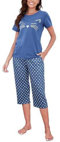 Conjunto de Pijama de Mujer Algodón Manga Corta y Pantalones 3/4 Dos Piezas Gato Estampado Cuello Redondo Top y Pantalones Recortados Comodo Conjuntos para Hogar Otoño Suave Pjs Loungewear Casual