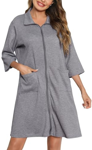 Lovasy Kimono Corto da Donna con Cerniera Accappatoi in Maglia Waffle Vestaglia kimono Morbido e Leggero al Ginocchio Accappatoio con tasche A Grigio M