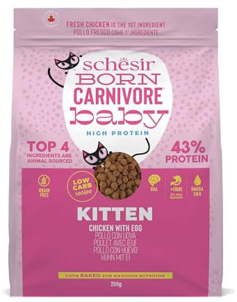 Schesir Born Carnivore Baby, med kyckling- och äggsmak, kattkroketter, bakade kroketter för kattungar (255 g påse)