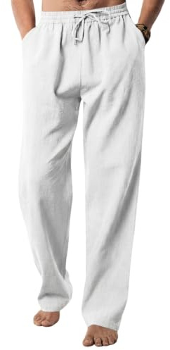 EndoraDore Pantalones de lino y algodón para hombre, pantalones casuales de yoga, ajuste relajado, colores sólidos, cintura elástica con cordón