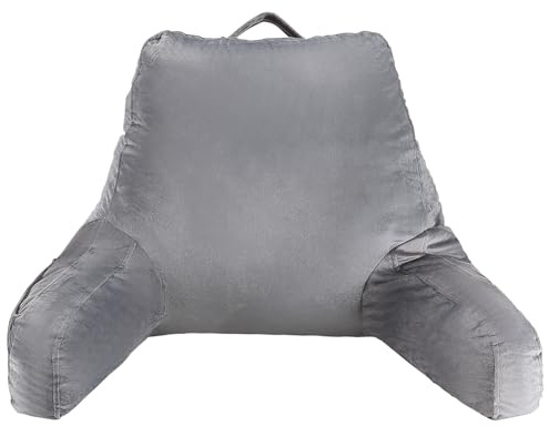 VEVOR Coussin de Lecture, Taille Standard, Oreiller de Lecture en Mousse à mémoire de Forme, avec 3 Poches et Tissu en Velours Court Lavable, Dessus avec poignée, pour Lire, Jouer et se Reposer, Gris