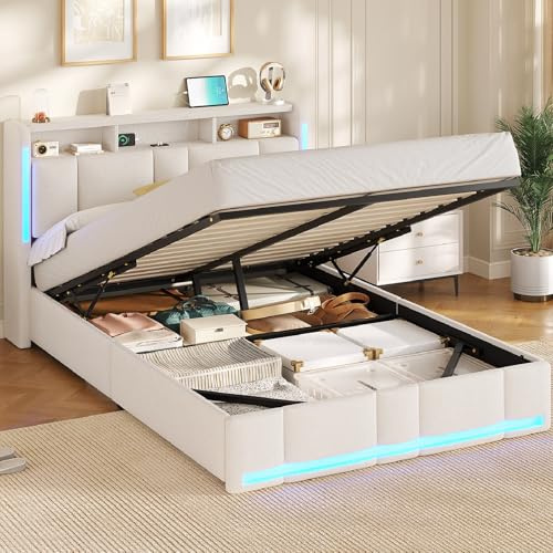 AOGLLATI Polsterbett 140×200 mit Steckdosen & LED Beleuchtung, Doppelbett mit Stauraum Kopfteil & Hydraulischem Stauraum, Bettgestell mit Lattenrost, Jugendbett 140×200, Linen, Ohne Matratze, Beige