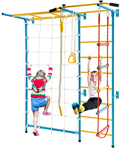 COSTWAY 7 en 1 Juego de Escalada para Niños, Gimnasio de Interior con Muro de Cuerda, Escalera de Pared, Barra de Elevación, Escalera de Cuerda, Cuerda y Anillos de Gimnasia para Niños de 3+ Años