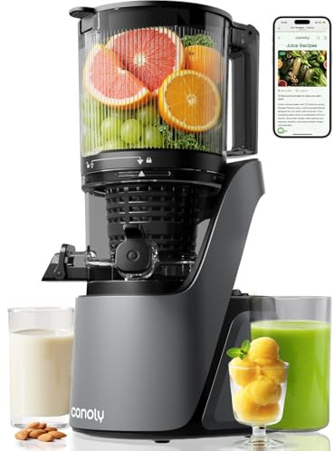 Canoly Juicer Machines, 150 MM Large Feed Chute Cold Press Masticating Juicer, 3-IN-1 Strainers (Juice & Sorbet & Nut Milk), Powerful AC Brushless Motor, Self Precut System, BPA Free, Space Gray