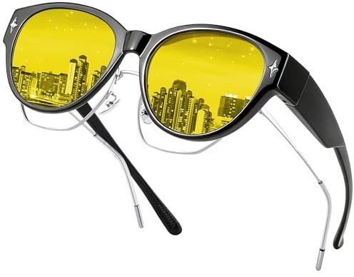 Aullwyr Polarised Night Driving Over Glasses - Anti Glare Wrap Around Fit Over Night Vision Goggles for Men Women Yellow Over Glasses Sunglasses
