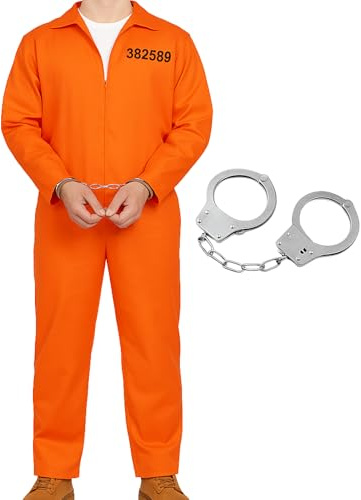 StockStore Adult Prison Orange Jumpsuit Costume With Handcuffs Adult Inmate Costume Men Orange Overalls Prisoner Jumpsuit Men and One Size Prisoner Halloween Overalls