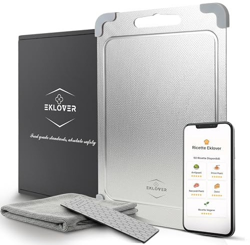EKLOVER Tagliere in Acciaio Inox Alimentare 30×20 cm – Set Completo con Affilacoltelli Diamantato, Panno e 50 Ricette – Antiscivolo, Gocciolatoio e Finitura “Grano di Riso”, Inox 316