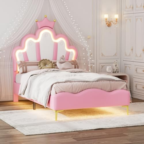 Einzelbett 90x200 cm, LED Bett Kinderbett Prinzessinnenbett für Mädchen, Polsterbett Jugendbett mit kronenförmiges Design und verstellbarem Kopfteil für Kinderzimmer, ohne Matratze (Rosa Krone)