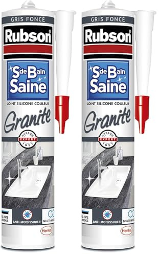 Rubson Mastic Salle de bain Saine Couleur Granite Gris Foncé, Joint silicone multi-matériaux renforcé en antifongiques, mastic sanitaire coloré, souple & étanche, 280 ml (Lot de 2)
