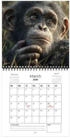 Calendrier Mural Singe – Planificateur De 12 Mois En Papier Épais | Calendrier Animalier Amusant Double Face 2026 Pour Les Rendez-vous De Planification, Bureau, Cuisine, Décoration Du Nouvel