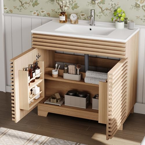 Kebnor Tocador de baño independiente, armario de doble puerta con bisagras de cierre suave, estantes integrados, puntales horizontales 3D y patas altas del armario, lavabo integrado, color natural, 91