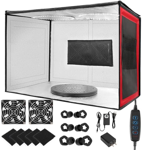 Cabina de pintura de 24 x 16 x 16 pulgadas, cabina de aerógrafo con ventiladores de escape dobles y luces LED, kit de aerógrafo con 3 tapones antirruido, 5 filtros y tocadiscos de 360°, cabina de