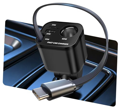 4-in-1 Cigarette Lighter USB C Splitter 145 W Car Charger 24/12 V Car Charger with Retractable Cable, 2026 Cigarette Lighter Splitter Mini USB Adapter Car Quick Charger Socket for iP15 16 17