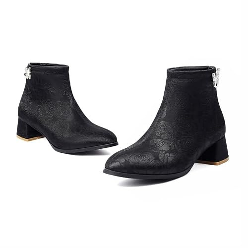 Botines retro para mujer, tacón de bloque, cremallera lateral, zapatos de invierno, Black, 35.5 EU