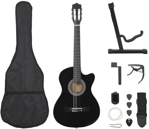 Runheo 12-delad västerländsk gitarr, set 98 cm (38 tum) svart av lindträ med 6 strängar, akustisk gitarr, konsertgitarr, väska, plektrum, kapodaster, stämapparat för nybörjare hem, resor, lektioner