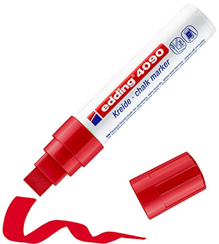 edding 4090 Marcatore a Gesso Liquido, Rosso, 1 Pennarello, Punta a Scalpello 4-15 Mm, Punta Larga per Lavagne, Finestre, Vetri, Specchi, per Una Copertura Opaca