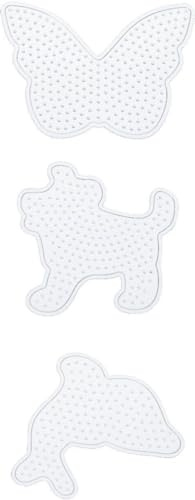 folia 73212 Iron-On Beads Pin Plates Mix, Animal Friends, 3 Assorted Designs, 3 Transparent Peg Plates for Iron-On Beads with a Diameter of 5 mm, Dolphin, Dog and Butterfly