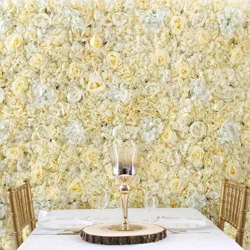 Efavormart 13 Sq ft. | 4 Panels UV Protected Lifelike Assorted Silk Flower Wall Mats Panel Photo Booth Garden - White | Champagne