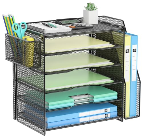OUTWOLF Schreibtisch Organizer mit Aktenhalter, 6Tier Briefablagen mit 1 vertikaler Ablagefächer, 1 Stifthalter, Netz Schreibtisch Ablage Zeitschriftenhalter für Büro Bedarf Dokumentenablage, Schwarz