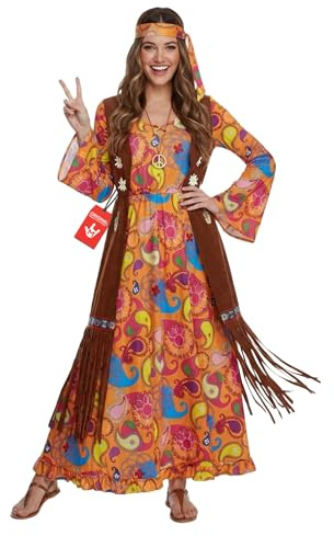 Morph Hippie Kostüm Damen, 70er Jahre Kleid Frauen, Schlagermove Verkleidung für Karneval & Fasching, 60er & 70er Jahre Outfit – Größe M
