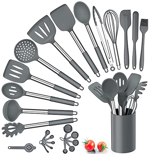 Silicone Kitchen Utensils Set, Herogo 25 Pcs Cooking Utensil with Holder, Heat Resistant Kitchen Tools with Stainless Steel Handle for Non-Stick Cookware, Turner Spatula Spoon Tong Brush Whisk, Grey