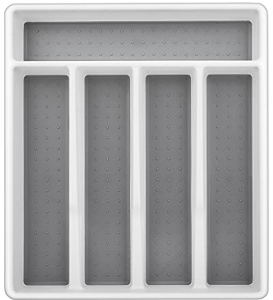 Herogo Besteckkasten für Schubladen, Kunststoff Besteckeinsatz mit 5 Fächern, 32,5x29x4,5cm, Robust Schubladeneinsatz für Küche Büro, Weiß & Grau