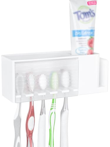 Linkidea 5 Slots Wallmount Toothbrush Holder with Cover for Shower, Plastic Multifunctional Toothpaste Toothbrush Organizer Compatible with Oral-B Cross Action, Colgate Renewal(White)