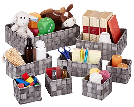 Relaxdays Paniers de Rangement, Lot de 8, 4 Tailles, Corbeille Effet Bois, tressé, Armoire et étagère, Plastique, Gris