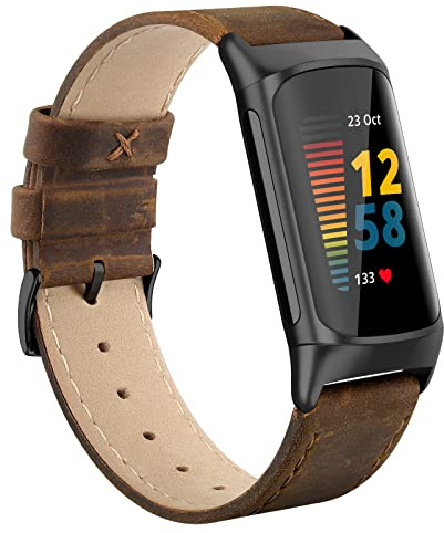 Tuocal Bracelet en cuir véritable compatible avec Fitbit Charge 6 & 5, bracelet de rechange en cuir souple et respirant pour femmes et hommes, tailles S et L, Large Size: 5.7 - 8.5, Agate