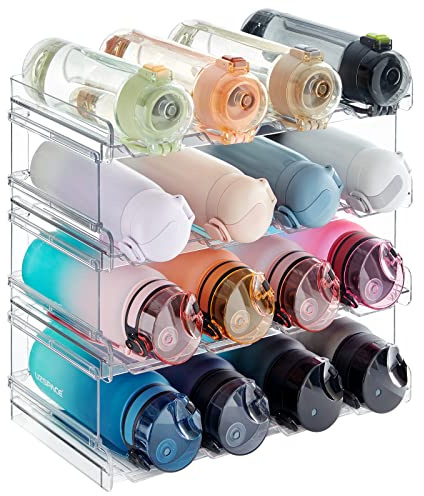 Lifewit Stackable Water Bottle Storage Organiser for Cupboard, Plastic Wine Racks, 4 Tier Holds 16 Drinks Bottle up to 3.8 Diameter for Kitchen/Fridge/Pantry/Cabinet, 41 x 20 x 34 cm/16 x 8 x 13.4