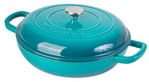 nuovva Shallow Cast Iron Casserole with Lid – Non Stick Dutch Oven Pot, Oven Safe up to 500° F – Sturdy Ovenproof Stockpot Cookware – Enamelled Cooking Pot – Teal, 3.7-Quart, 30cm – by Nuovva