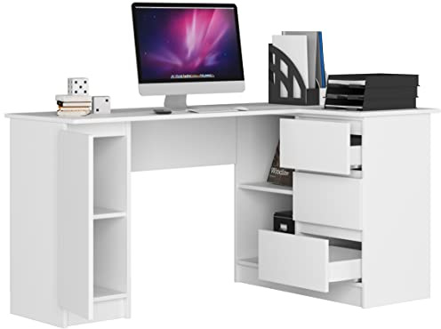 BDW hörnskrivbord höger, 3 lådor och 4 hyllplan, gott om plats att breda ut sig, för ungdomsrum, kontor och ateljéer, datorskrivbord, arbetsbord, kontorsskrivbord, 155x77x86, vit