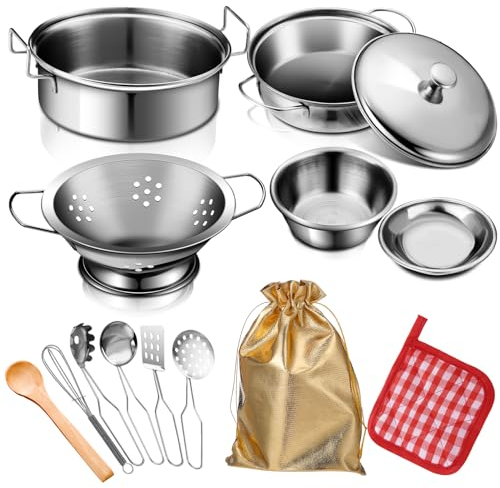 14 Pcs Toy Pots and Pans Set, Stainless Steel Pretend Cooking Utensils Cookware Toys, Mini Play Kitchen Accessories Soup Pot Pan Shovel Spoon with Golden Cloth Bag for Kids Toddlers