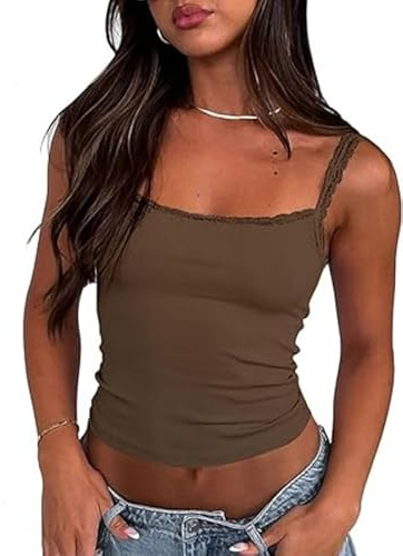 Haibang Canotta Donna Elegante Estive Tank Top Spaghetti Strap Senza Maniche Canottiera Sexy Slim Fit Sottogiacca Base Camicia in Pizzo Moda T-Shirt Y2K Cami Camicette Elasticizzata Maglietta